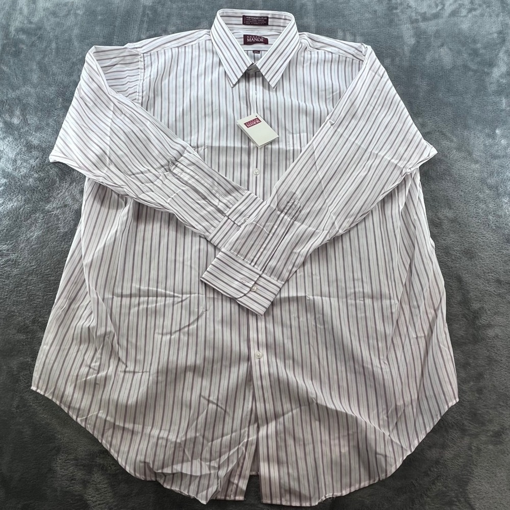 Austin Manor Mens Big 18.5 35 Stripe Performance Plus Dress Shirt Burgundy White